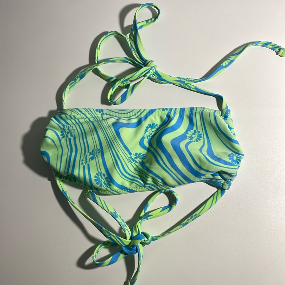 blue and green patterned swim top